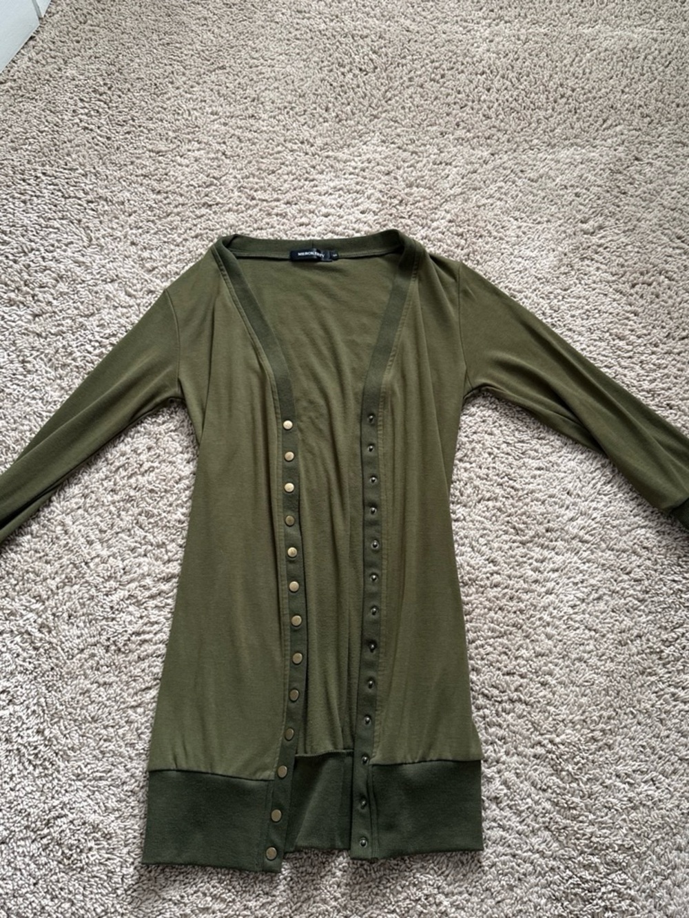 Long Olive Green Snap-Front Cardigan Sweater
